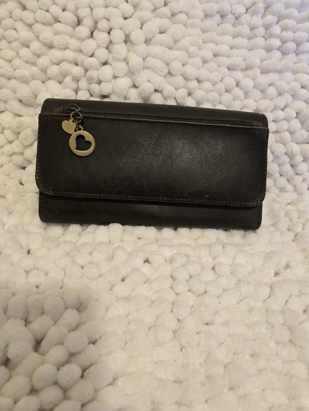 Leather Clutch Wallet with Heart Charm - Brown
